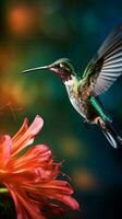 een kolibrie in vlucht met een levendig bloem net zo haar backdrop ai gegenereerd foto
