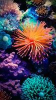 een levendig rangschikking van kleurrijk koralen omhoog dichtbij ai gegenereerd foto