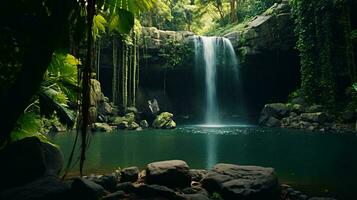 een majestueus waterval omringd door levendig groen in een vredig Woud ai gegenereerd foto