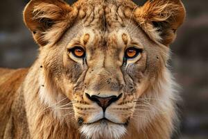 een majestueus leeuw met intens oranje ogen ai gegenereerd foto
