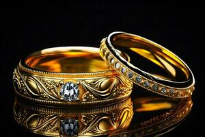origineel goud bruiloft ringen Aan een donker achtergrond. neurale netwerk ai gegenereerd foto