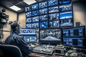 veiligheid controle kamer met multipoke computer schermen tonen toezicht camera beeldmateriaal voer. high Tech veiligheid. neurale netwerk ai gegenereerd foto