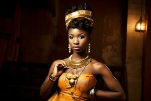 mooi Afrikaanse vrouw in etnisch jurk. neurale netwerk ai gegenereerd foto