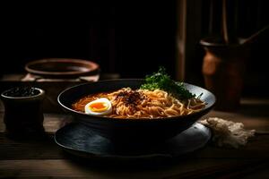 Japans ramen soep met kip, ei, bieslook en spruit Aan donker houten. neurale netwerk ai gegenereerd foto