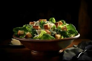 Caesar salade met gegrild kip, croutons, kwartel eieren en kers tomaten Aan houten rustiek tafel. neurale netwerk ai gegenereerd foto