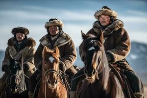 etnisch mongolen in de steppe Aan paard. neurale netwerk ai gegenereerd foto