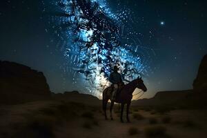 landschap met melkachtig manier. cowboy met zijn paard. neurale netwerk ai gegenereerd foto