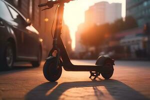 elektrisch scooter Aan de straat, zonsondergang tijd. neurale netwerk ai gegenereerd foto