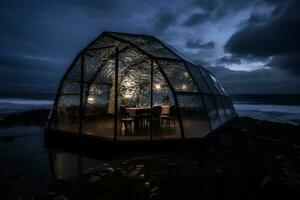 romantisch bar Aan de waterkant. knus koepel-restaurant in natuur. neurale netwerk ai gegenereerd foto