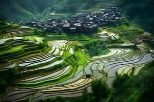 rijst- velden Aan terrasvormig van mu cang chai, yenbai, Vietnam. rijst- velden bereiden de oogst Bij Noord West vietnam.vietnam landschappen. neurale netwerk ai gegenereerd foto
