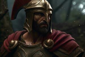 illustratie van spartaans koning leonide in gouden schild en helm. neurale netwerk ai gegenereerd foto