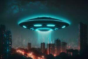 ufo voorwerp met gloeiend lichten vliegend naar stad centrum Aan een regenachtig dag. neurale netwerk gegenereerd kunst foto