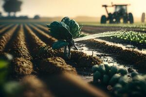 boer gieter zijn planten. neurale netwerk ai gegenereerd foto