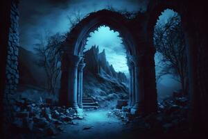 donker ridder fantasie middeleeuws kasteel. eng verschrikking mystiek landschap. neurale netwerk ai gegenereerd kunst foto