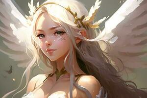 portret van een mooi blond engel meisje in anime stijl. neurale netwerk ai gegenereerd foto