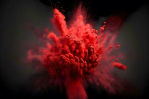 explosie van rood kleur verf poeder Aan zwart achtergrond. neurale netwerk gegenereerd kunst foto