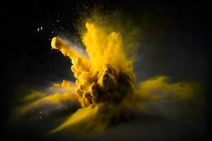 explosie van geel kleur verf poeder Aan zwart achtergrond. neurale netwerk gegenereerd kunst foto