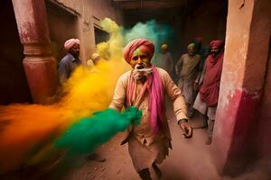 gekleurde poeder ontslagen omhoog, holi viering. neurale netwerk ai gegenereerd foto