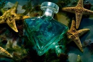 fles van parfum in de zee tussen de algen. neurale netwerk ai gegenereerd foto