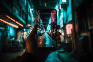 een hand- met een telefoon duurt afbeeldingen van een Japans stad. neurale netwerk ai gegenereerd foto