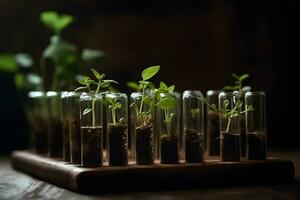 groen vers fabriek in glas test buis in laboratorium. neurale netwerk ai gegenereerd foto