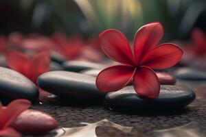 spa stenen en rood frangipani bloem. neurale netwerk ai gegenereerd foto