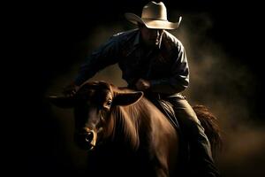 cowboy Aan paard lassoing stier, neurale netwerk ai gegenereerd foto