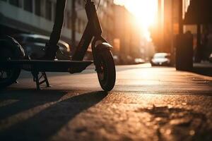 elektrisch scooter Aan de straat, zonsondergang tijd. neurale netwerk ai gegenereerd foto