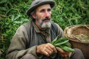 portret van een boer met oogst. neurale netwerk ai gegenereerd foto