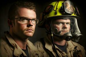 portret van brandweerlieden vuil gezichten in speciaal helmen en brandweerlieden uniformen. neurale netwerk gegenereerd kunst foto