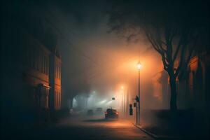 silhouet in nevelig steeg Bij nacht stad straat, mysterie en verschrikking mistig stadsgezicht atmosfeer. neurale netwerk gegenereerd kunst foto