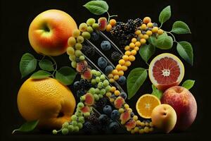 ggo voedsel en genetisch gewijzigd gewassen of ontworpen landbouw concepten fruit en groenten. neurale netwerk gegenereerd kunst foto
