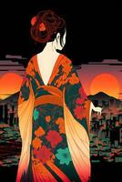 Japans kitsune vrouw vervelend een kimono op zoek naar oosters stad. neurale netwerk gegenereerd kunst foto