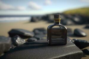 een glas fles van parfum staand Aan een zee achtergrond. neurale netwerk gegenereerd kunst foto