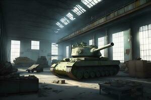 strijd tank Bij een leger baseren in een hangar, een industrieel fabriek. neurale netwerk ai gegenereerd foto