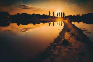 een groep van mensen wandelen in de zonsondergang. mooi landschap. neurale netwerk gegenereerd kunst foto