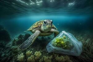 onderwater- concept van globaal probleem met plastic onzin drijvend in de oceanen. karetschildpad schildpad in onderschrift van plastic tas. neurale netwerk ai gegenereerd foto