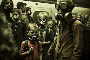 menigte van mensen in uniform en gas- masker. concept van straling en virus, milieu vervuiling. neurale netwerk ai gegenereerd foto
