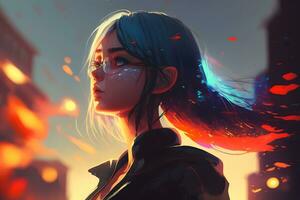 een mooi cyberpunk meisje staat tegen de backdrop van de nacht stad van de toekomst. cyberpunk concept. neurale netwerk ai gegenereerd foto