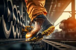 detailopname veiligheid werken schoen Aan een arbeider voeten is staand Bij de fabriek. neurale netwerk ai gegenereerd foto