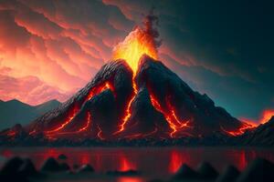 nacht fantasie landschap met abstract bergen en eiland Aan de water, explosief vulkaan met brandend lava. neurale netwerk gegenereerd kunst foto