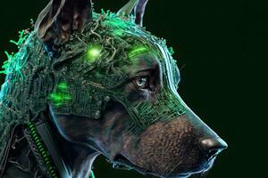 portret van een futuristische robot hond. een artistiek abstract cyberpunk fantasie. concept van een cyber hond. neurale netwerk gegenereerd kunst foto