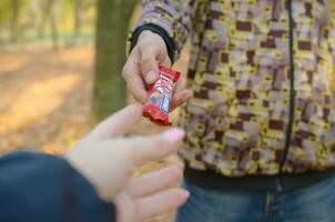 Charkov, Oekraïne - oktober 21, 2019 mannetje hand- passeert de meisje een uitrusting kat chocola bar in een herfst park. de manifestatie van vriendelijkheid, behandelen met snoepgoed foto