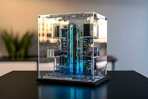 modern quantum computer in een glas geval. neurale netwerk ai gegenereerd foto