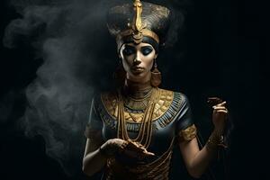 Egyptische godin Aan zwart achtergrond. neurale netwerk ai gegenereerd foto