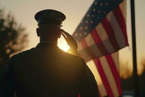 visie van een veteraan groeten de vlag van de Verenigde staten. neurale netwerk ai gegenereerd foto