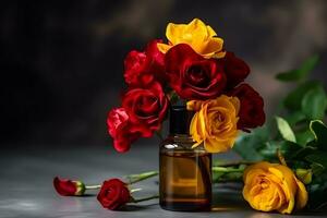 roos bloem en glas van fles essentieel olie of roos water met roos bloemblaadjes, spa en aromatherapie kunstmatig concept. neurale netwerk ai gegenereerd foto