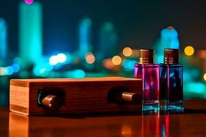 parfum fles Aan de achtergrond van de nacht neon stad. neurale netwerk ai gegenereerd foto