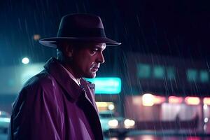 detective in de regen in de nacht stad. neurale netwerk ai gegenereerd foto
