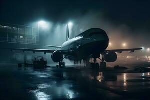 vliegtuig Bij de luchthaven Bij nacht in de regen. neurale netwerk ai gegenereerd foto